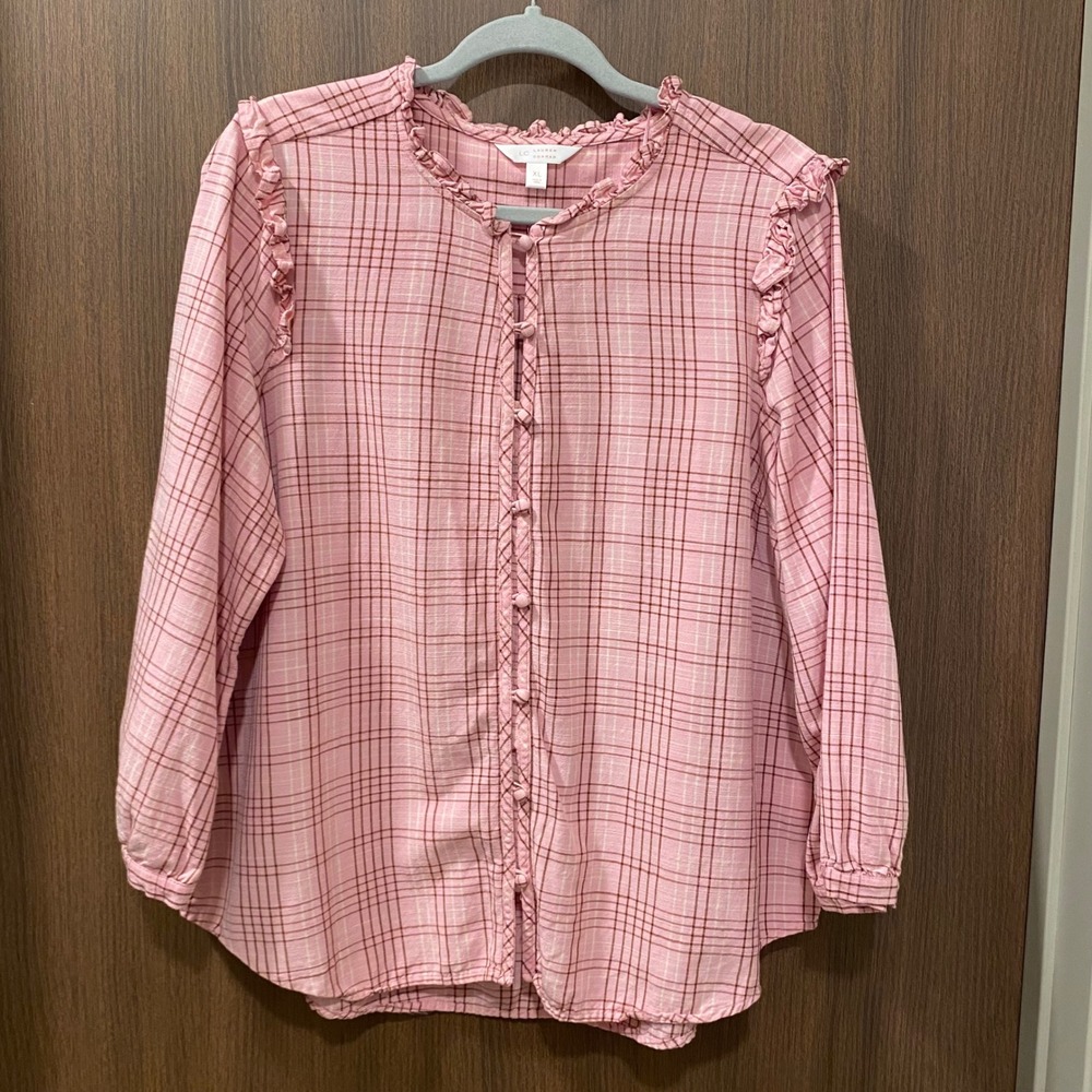 LC Lauren Conrad Bundle Size XL Floral Plaid Blouse Tops Ruffle Popover Feminine - Picture 3 of 15